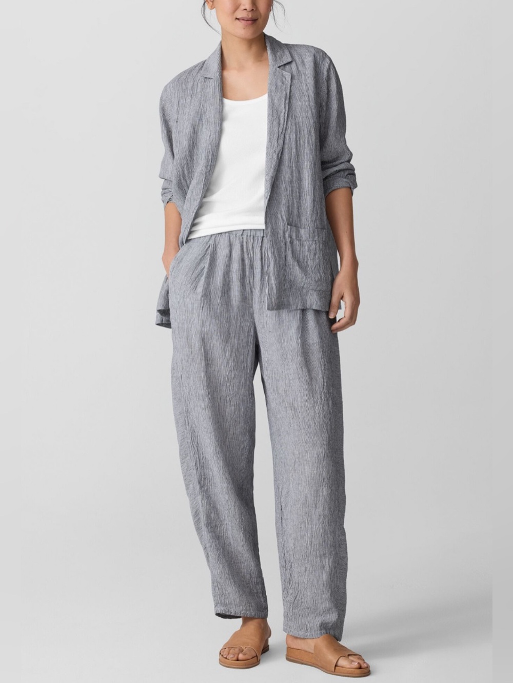 Eileen Fischer Puckered Organic Linen Stripe Cardigan and Pants Sz XL